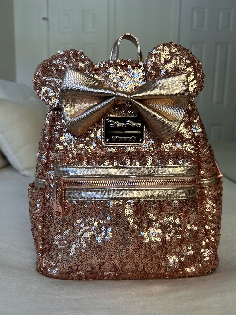 Loungefly Rose Gold Sequin Minnie Ear Mini Backpack with Metallic Bow